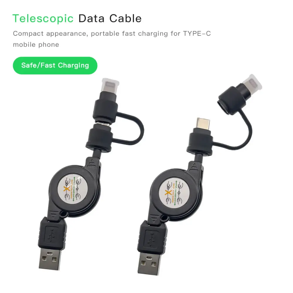 2in1 Portable Telescopic USB To USB C Fast Charging Data Cable Retractable Type-C Charging Cord For iPhone Android Smart Phone