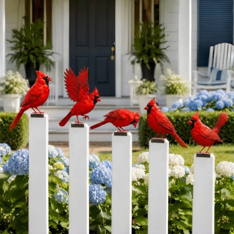 Red Bird Fence Set Iron 5 Piece, Garden Bird Sculptures for Railings, Flower Rows, Yard Patios and Fence Backyard 87HA