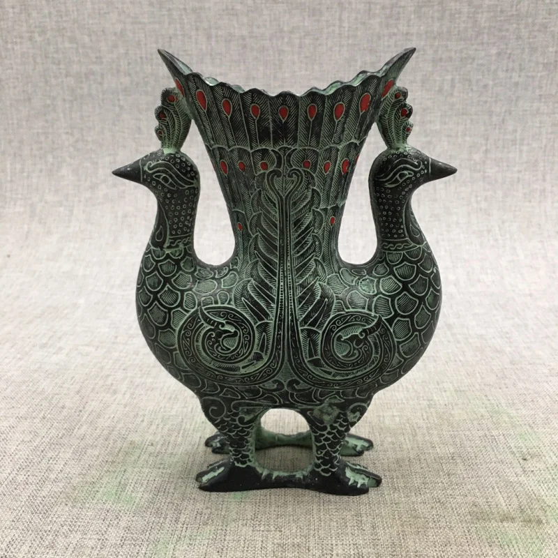 Bronze Ware Antique Style Ornaments Double Phoenix Bottle Home Decoration Double Phoenix Cup Pen Holder Antique Antique Collecti