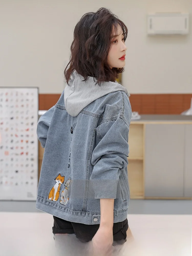 

High-End Casual ort Jeans Jaet Large Size Women's Loose Fit Commute Sle Splicing Design Long Sve Hooded Coat
