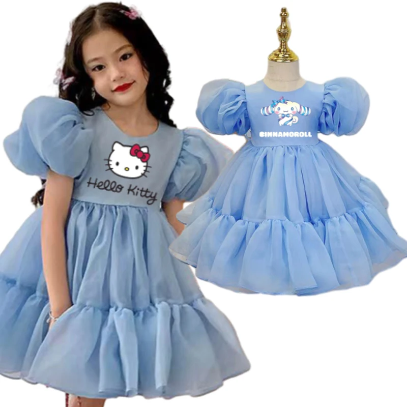 

Kawaii 2024 New Sanrios Girls Princess Dress Hello Kitty Cinnamoroll My Melody Kuromi Children Summer Party Mesh Puff Tutu Skirt