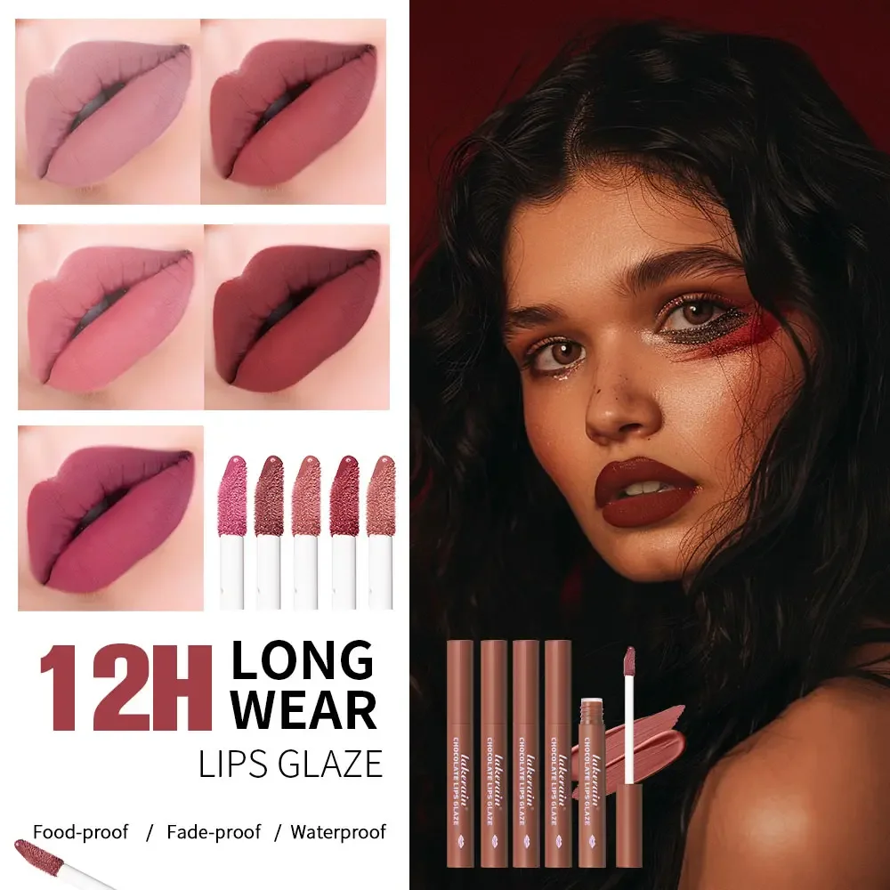 5szt Chocolate Series All In Makeup Set Matte LipMatte Lipstick Długotrwała, bogata kremowa szminka Mleczna kawa Kolor ust Oryginalny