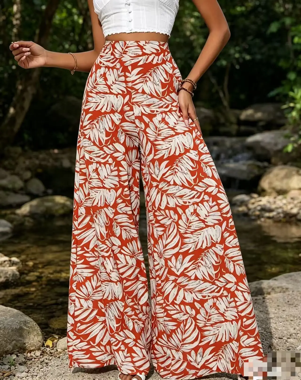 Women's Boho Tropical Leaf Print High Waist Wide Leg Pants Casual Loose Flared Trousers Elastic Waist Summer Beach Wear