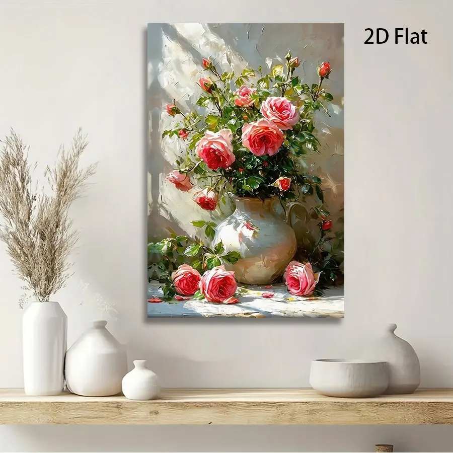 2D Flat, 1pc Unframed Canvas Painting, Realistic Rose Bouquet in Rustic Vase Canvas Art, Floral Still - Life Painting, Home D
