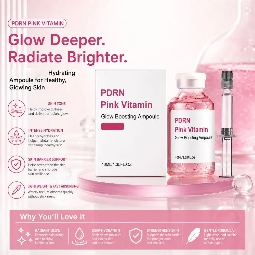 PDRN Pink Vitamin Face SerumGlow Boosting Ampoule,Brightening Hydrating, Soothes Dry Skin,Evens Tone for Radiant Skin Care 40ml
