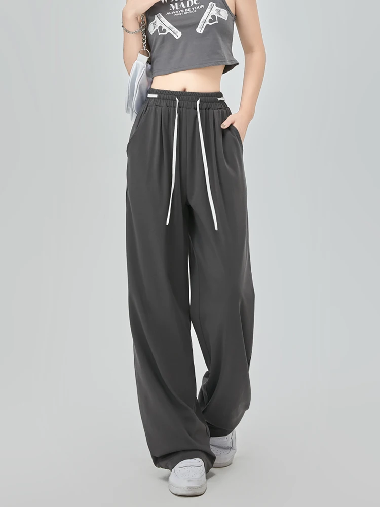 

ay Casual Sports Pants Women Summer Thin High Waist Draped Floor-Length Sweatpants Slimming Cool Ice Silk Wide Leg Trousers