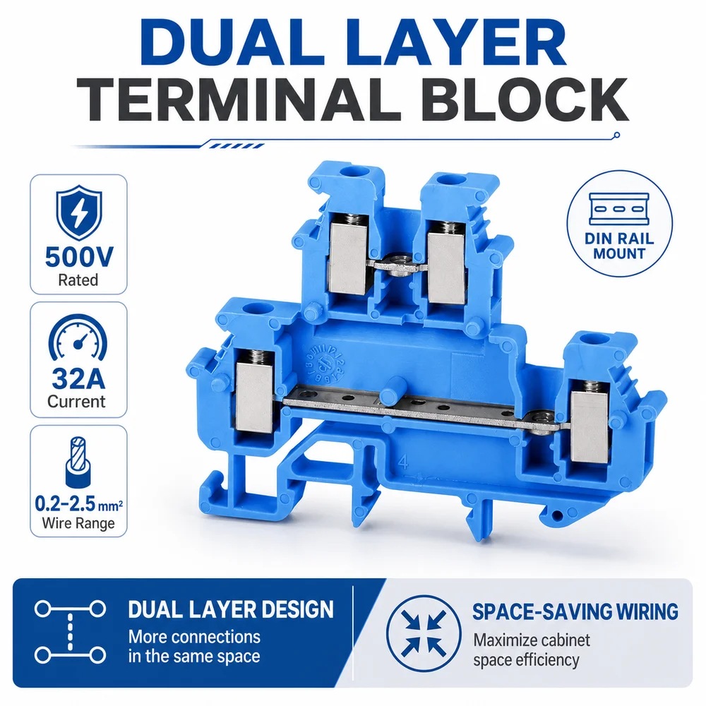 2.5mm Electrical Terminal Block Double Level Universal Wire Connector Din Rail Mount 4-Conductor Screw Terminal Block