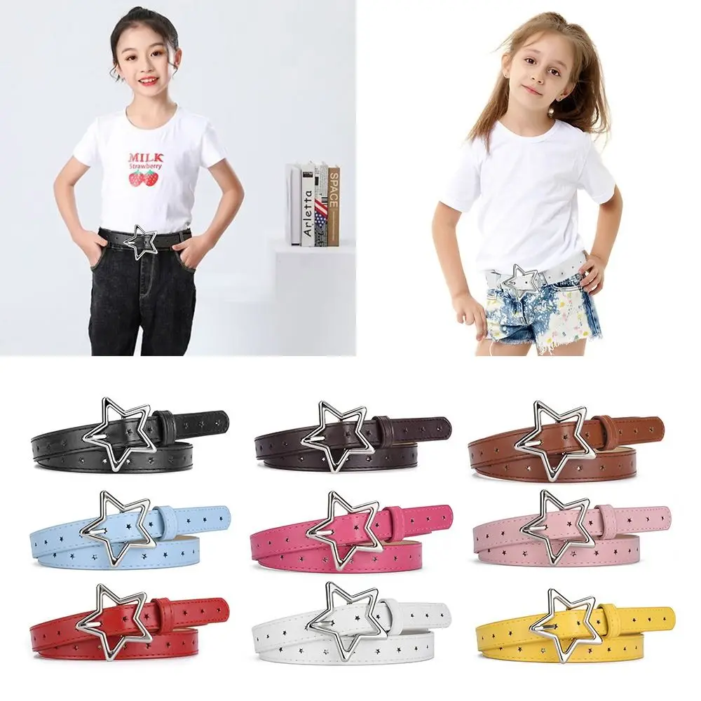 Children Kids Adjustable Metal Snap Leather Belt Girls Boys Five Pointed Star PU Buckle Belts Waistband Waist Belt Waist Strap