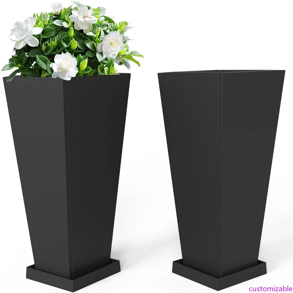 

Set of 2 Tall Metal Planters with Detachable Shelves and Saucer Trays for Outdoor Use in Porch and Garden