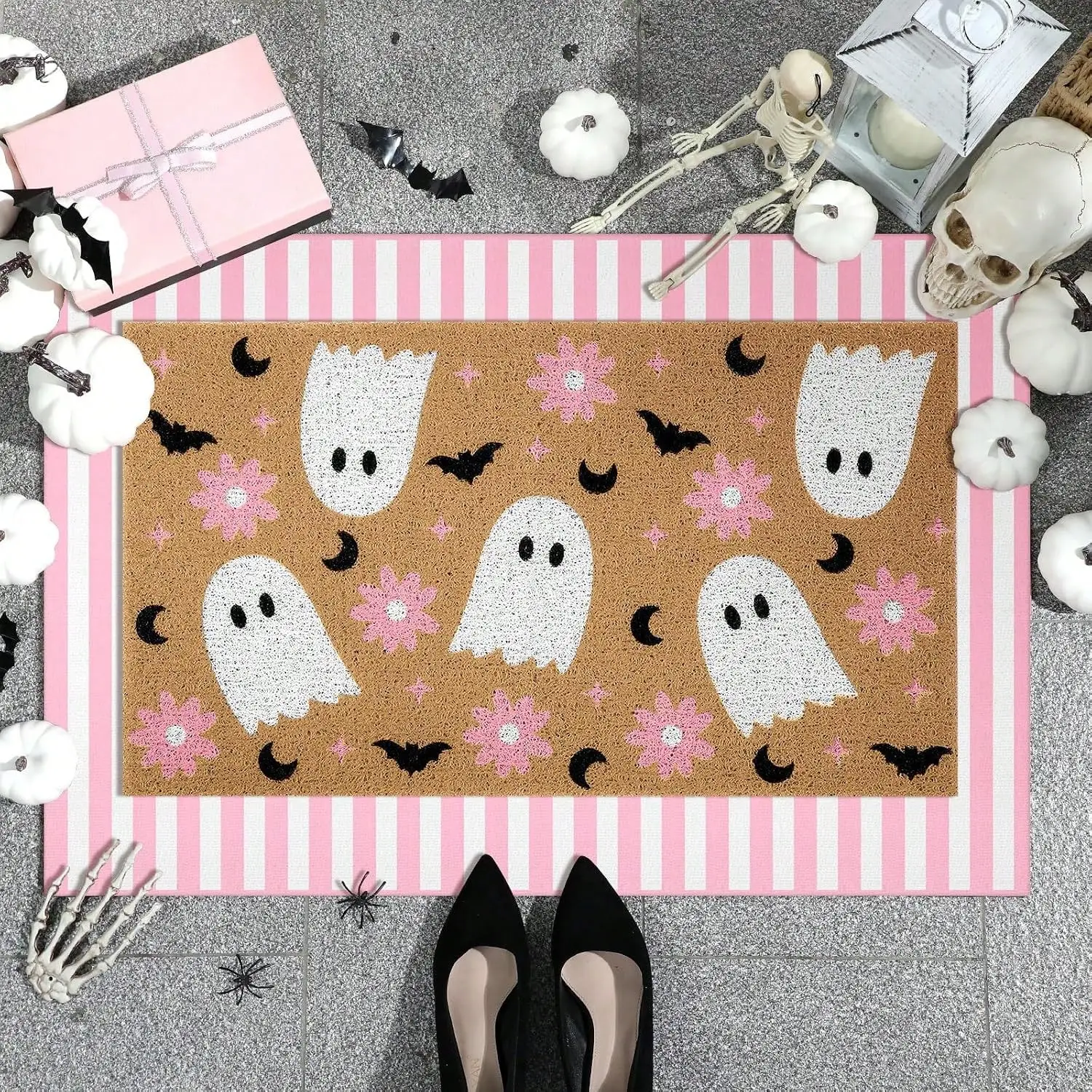 1pc Cute Multiple White Ghost Pink Flower Bat Doormat, Fall Outdoor Non Slip Door Mat, Front Door Mat With Backing, Girly Sweet Spooky Halloween Home Entrance Decor