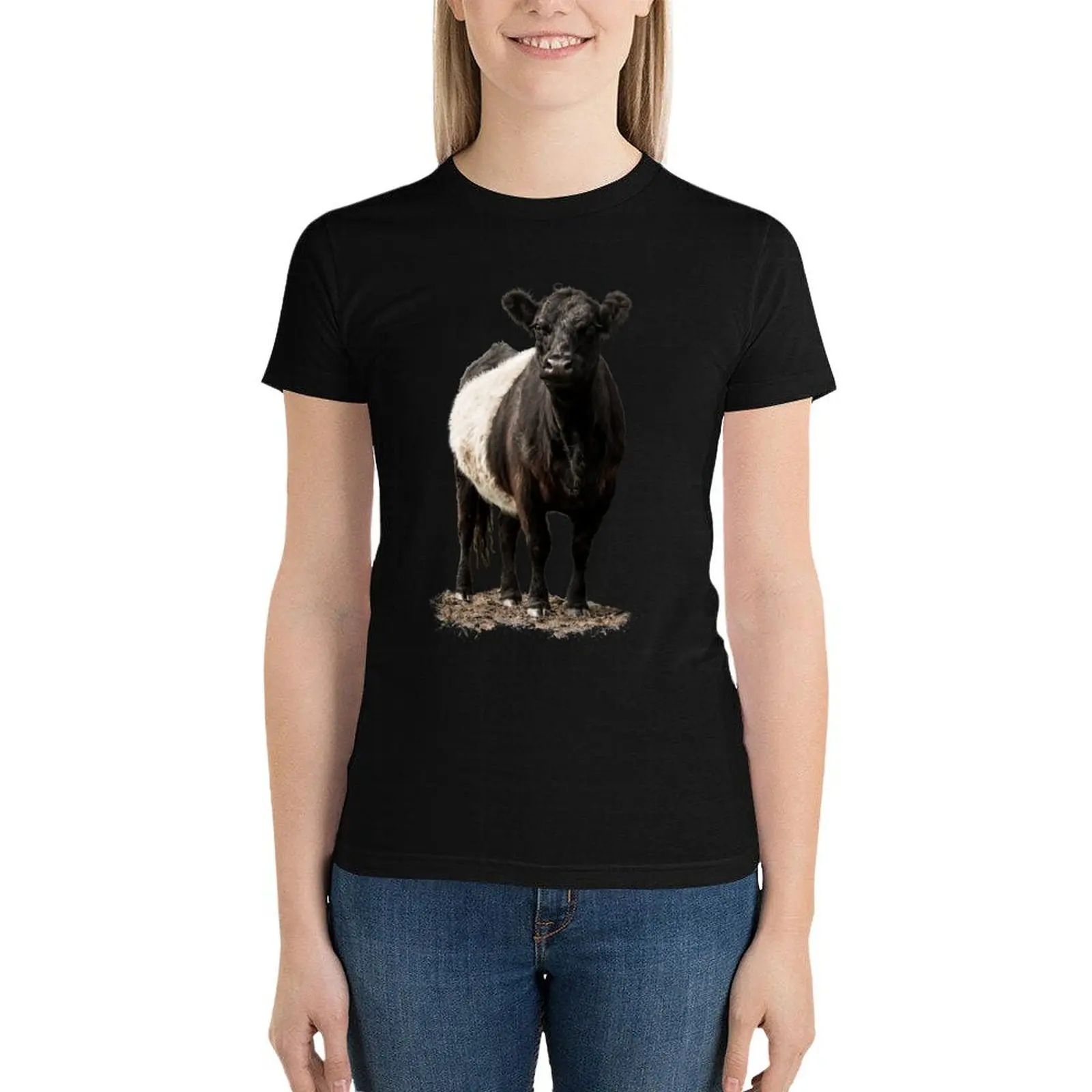 

Belted Galloway Cow T-Shirt summer tops vintage clothes plus size tops hippie clothes plain t shirts for Women