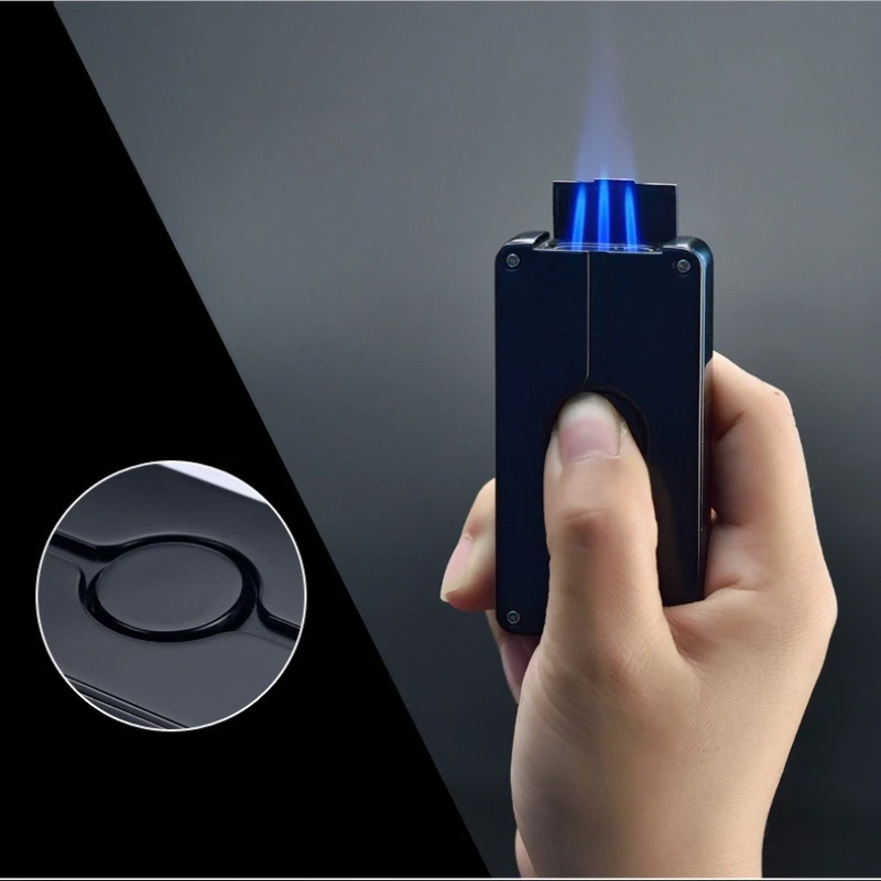 Three Flame Blue Torch Jet Lighter, Windproof Metal Butane Inflatable Lighter, with Cigar Diamond, High-end Gift for Men
