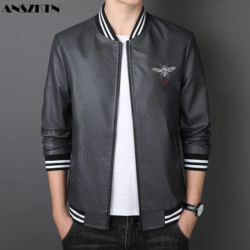 ANSZKTN Foreign trade leather coat men's coat spring and autumn leather jacket men's popular slim thin fashion trend embroidery