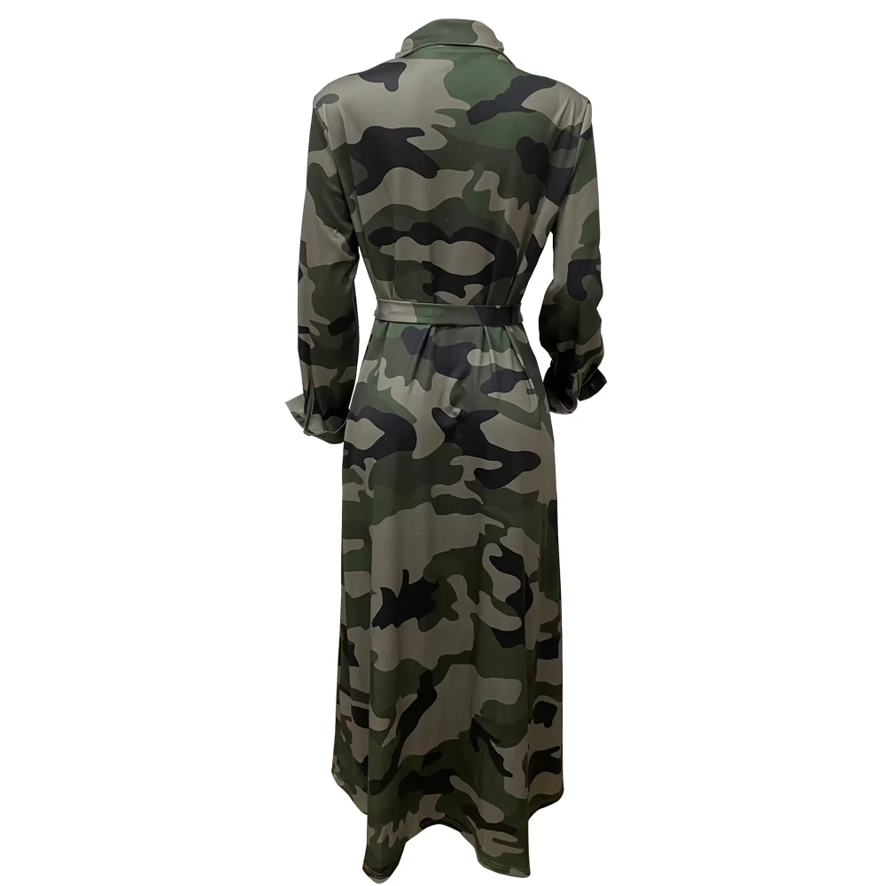 1256 European and American Fashion Green Camouflage Shirt Belt Sexy Dress