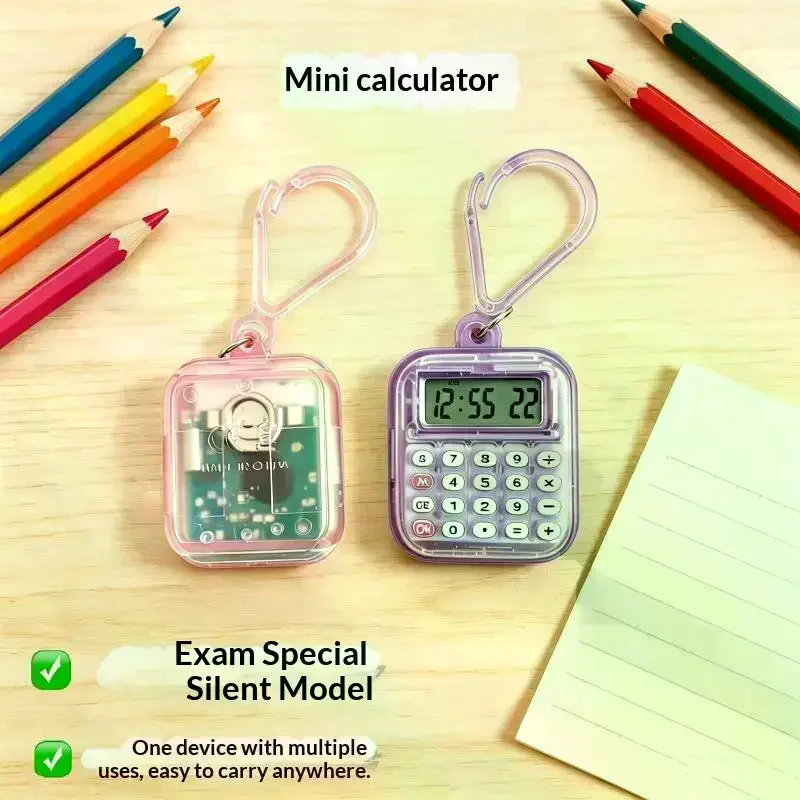 Compact Mini Pocket Calculator Detachable Keychain Time Display Portable Counter for Students School Exam Use