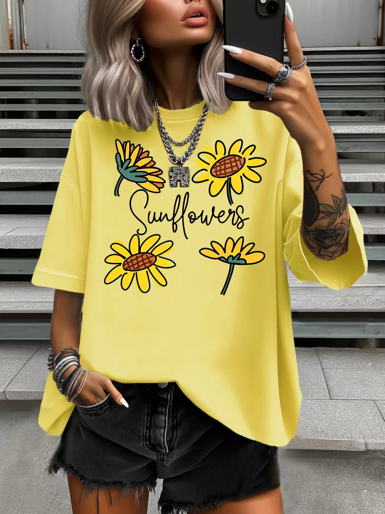 

Summer Women's Plus Size T-Shirt Original Design Fashion Yellow Flower Printed Women's Casual Soft Round Neck Short Sleeved Tops