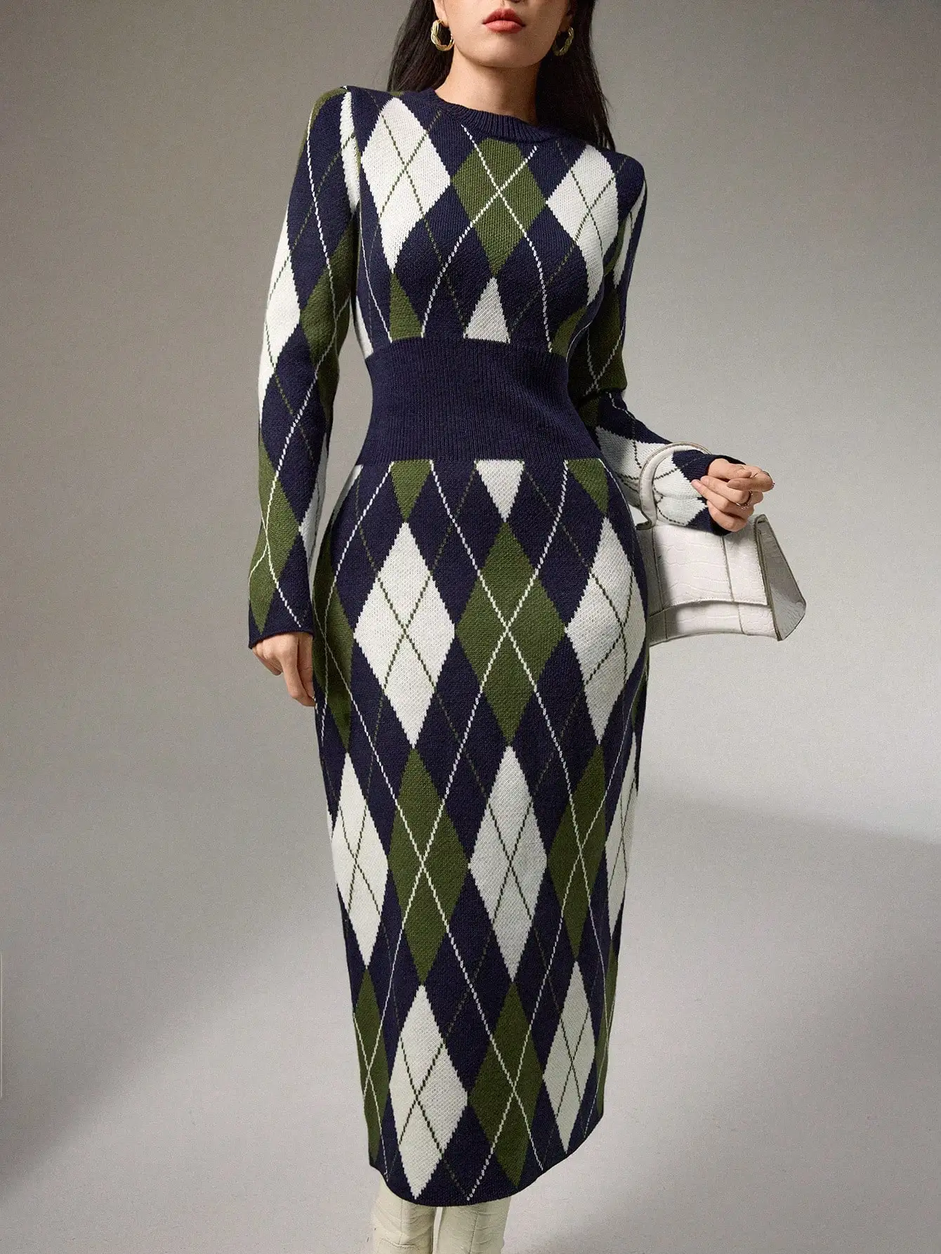 

Women's Argyle Knit Midi Dress with Waist Definition, Fall Winter Casual Style