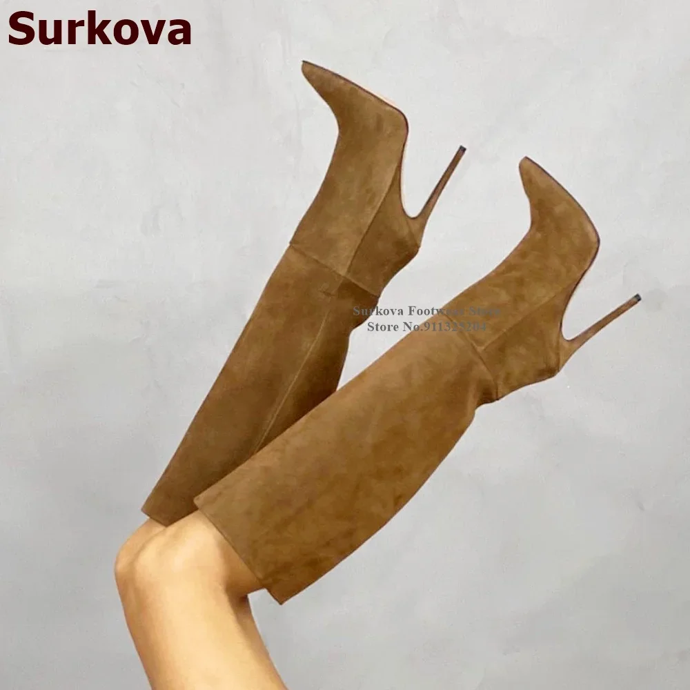 Surkova Black Matte Leather Slim Fit Knee High Boots Women Stiletto Heel Pointy Toe Dress Shoes Fall Winter Outdoor Coat Boots