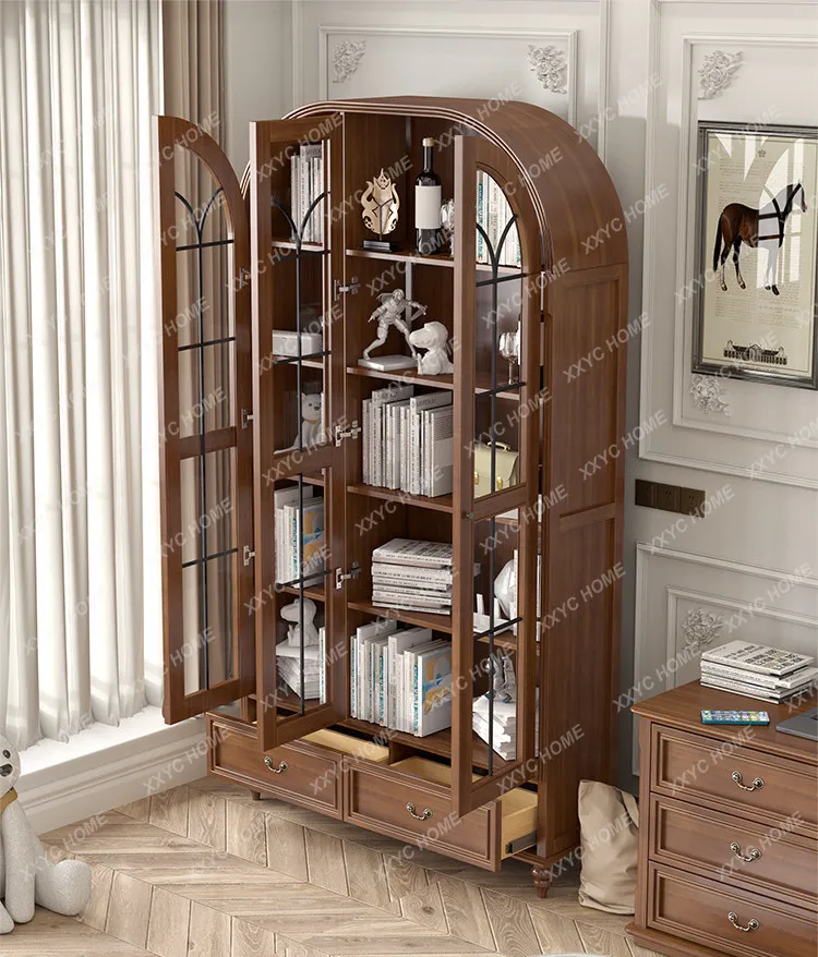 Solid wood arched walnut finish three-door bookcase with glass doors, dustproof bookcase, customizable wine cabinet, storage cab