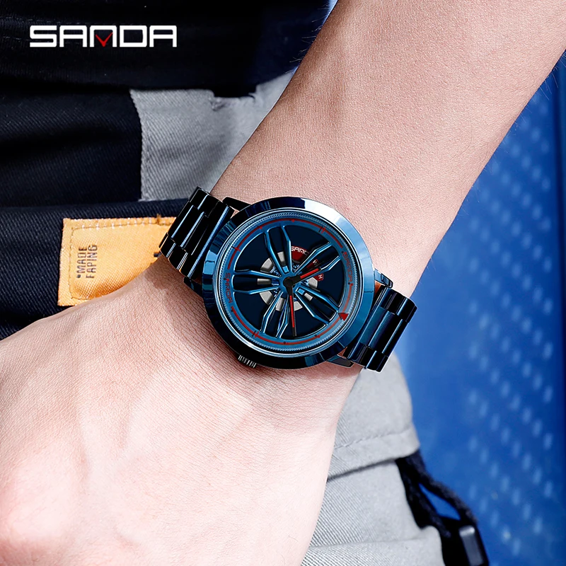 SANDA P1009 Rotation Rim Hub Sports Car Men Watches Waterproof Stainless Steel Wheel Quartz Wristwatch Male Relogio Masculino