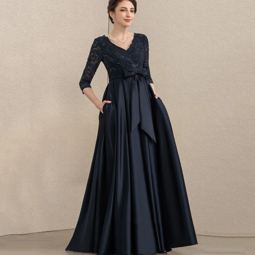 

Vintage Customized Formal Occasion A Line Mother Dresses Elegant Wedding Party Gowns Lace V Neck Bow Floor Length Dress