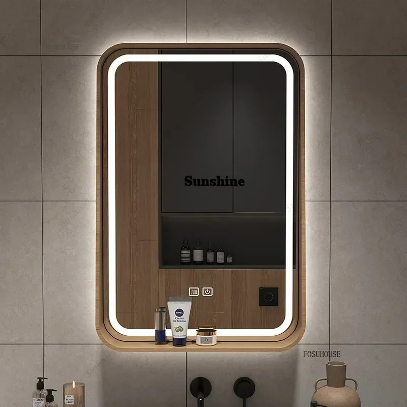 

Modern Smart Bathroom Mirror with Defogging Function Home Bathroom Solid Wood LED Vanity Mirror Hotel Decorative Mirrors b FT