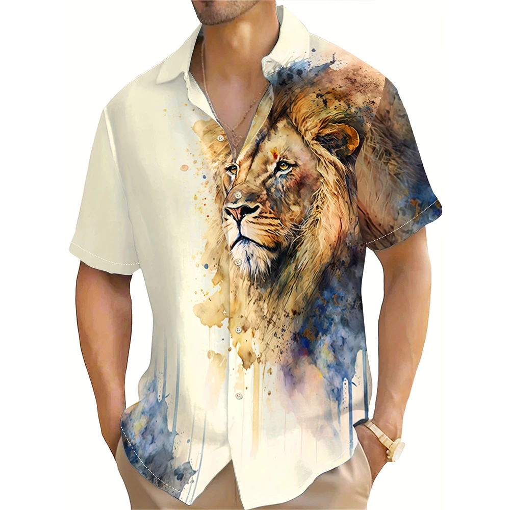 Fashionable Men\'s 3D Print Animal Lion Pattern Men\'s Short Sleeve Shirt Street Trend Wear Men\'s Shirt Oversized Top