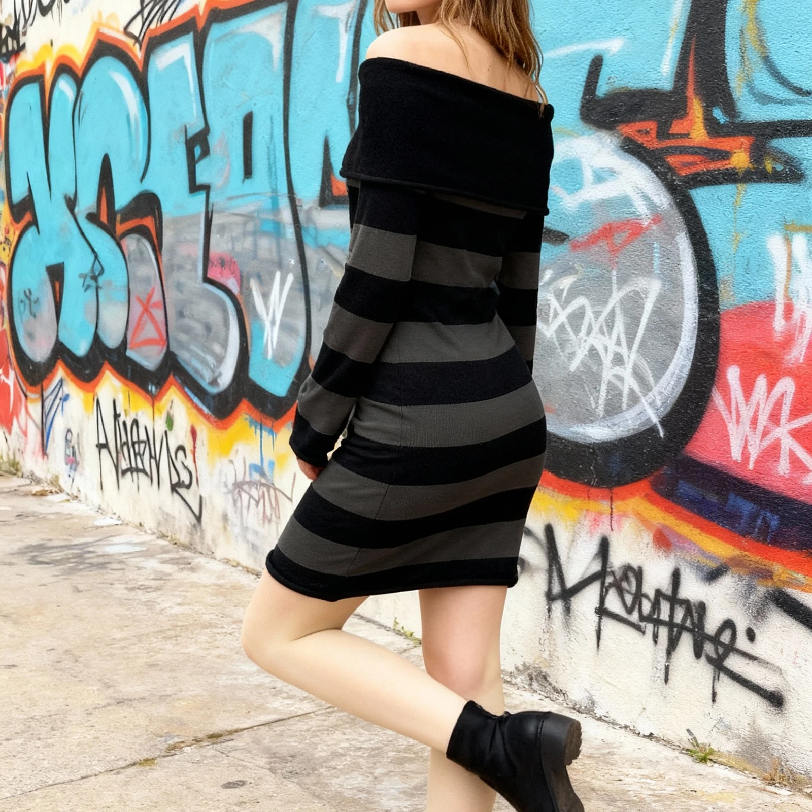 Women's Off Shoulder Sweater Dress, Slim Fit, Stylish Striped, Boat Neck, Long Sleeve, Mini Bodycon, Fall, Winter