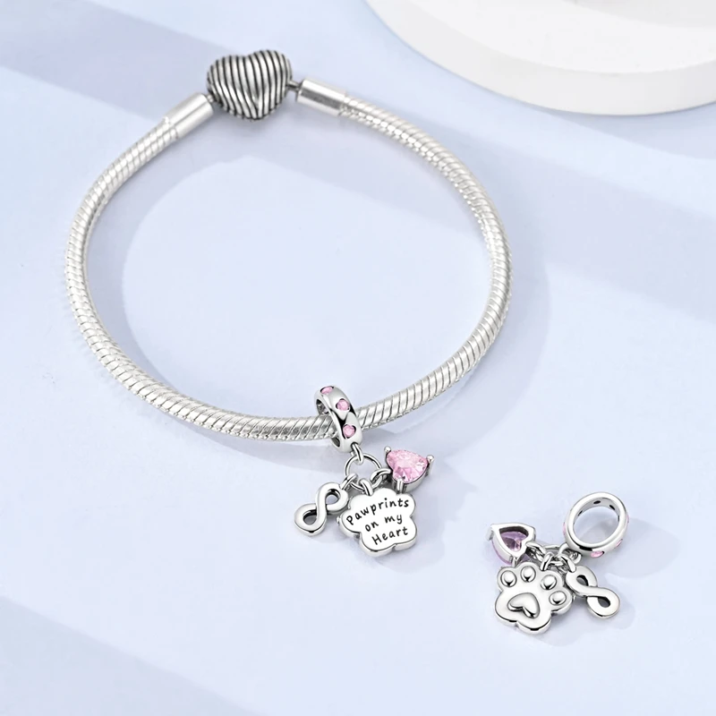925 Sterling Silver Paw Print Infinite Heart Charms Pendant For Women Fit Original Bracelet DIY Birthday Party Jewelry Gifts