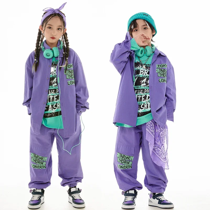 Girls Purple Long Sleeves Shirt Coat Boys Drum Jazz Performance Clothing Autumn Winter Kids Wear Hip Hop Dance Costume