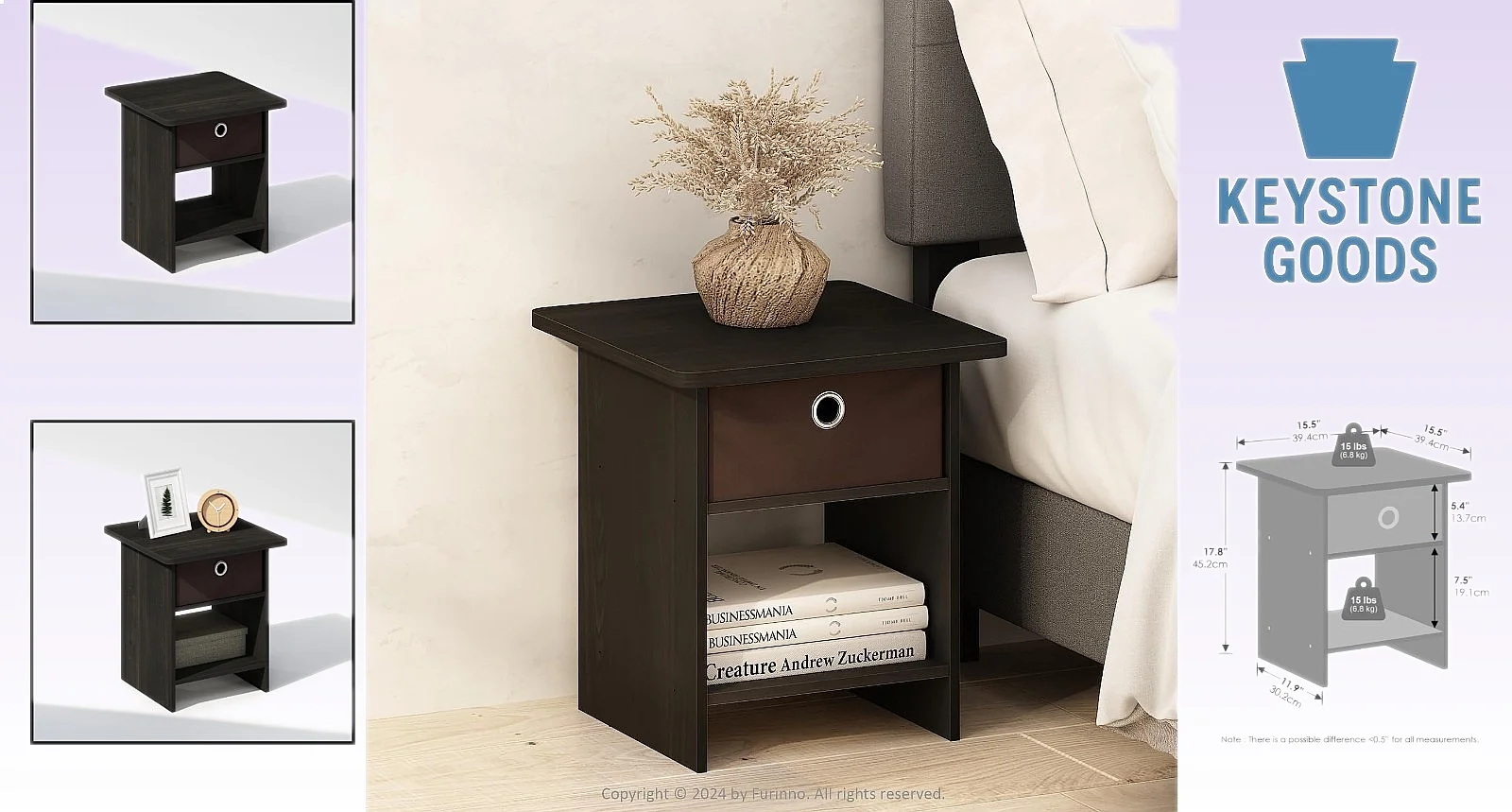 Espresso Nightstand with Storage Bin and Open Shelf, Compact Modern End Table