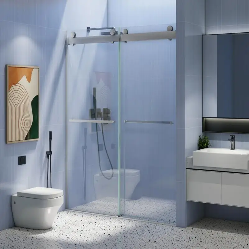 

Frameless Double Sliding Soft-Close Shower Door, 44-48 in. W x 76 in. H, 3/8 in. (10mm) Thick Tempered Glass, Easy-Clean