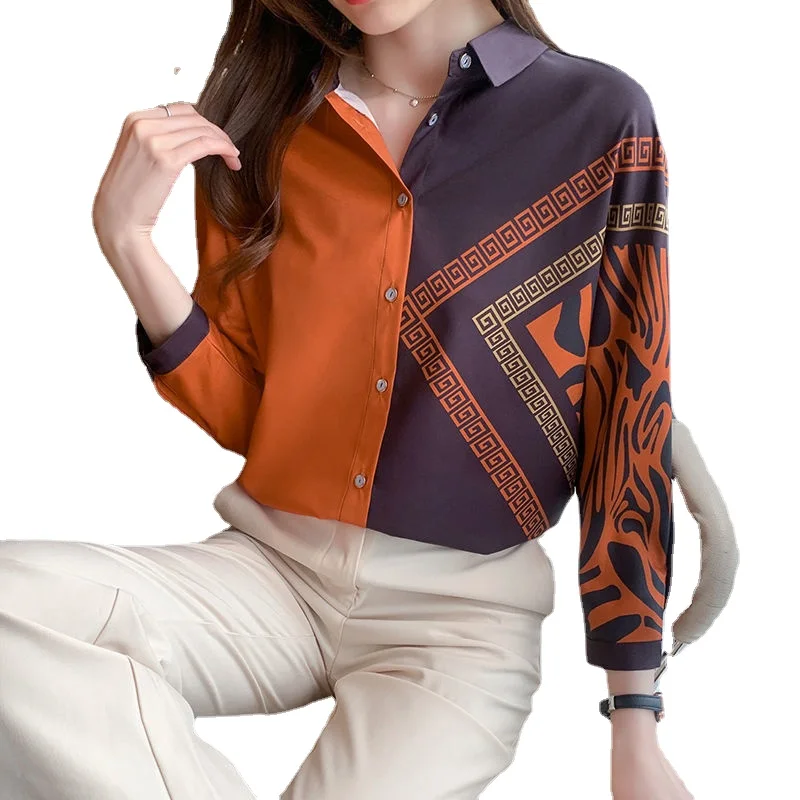 Silk color-blocking shirt women 2023 new fashion satin eight-quarter sleeve color mulberry silk blouse