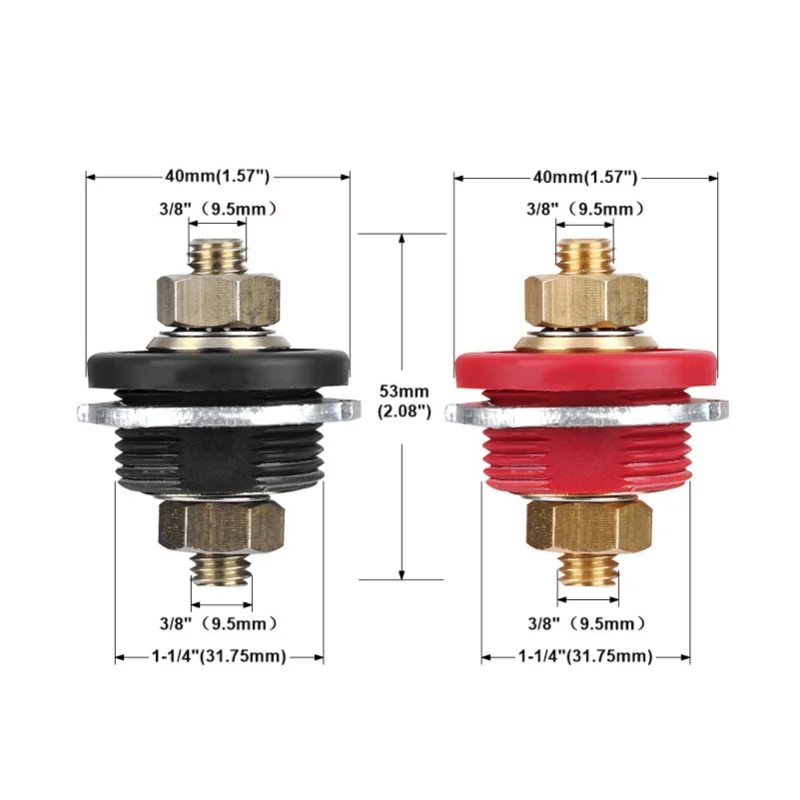 2 Pcs 3/8in Thru Panel Battery Terminal Connector 250A Positive Negative Junction Stud Post For Cars RVs Ships Yachts