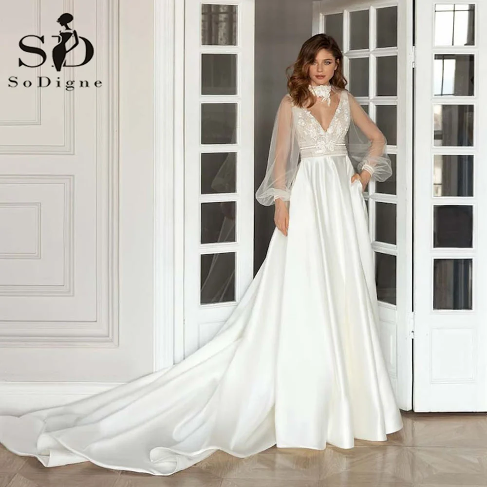 

SoDigne Civil Modern A Line Wedding Dresses For Women With Pocket 2023 Puff Sleeves Boho Lace Appliques Bridal Gowns