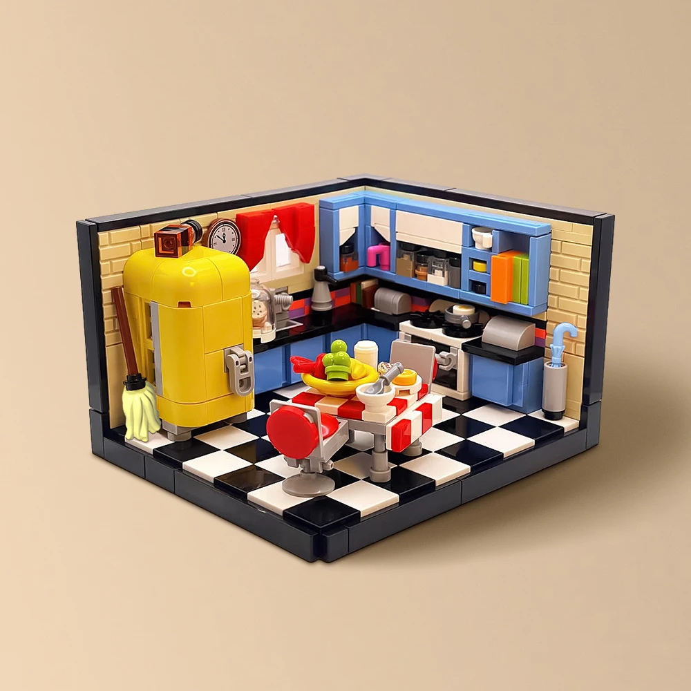 MOC Mid-Century Cucina Diorama Modello Building Blocks Design fai da te Tavolo da cucina Sala alimentari Casa Architettura Mattoni Giocattolo Regalo per bambini