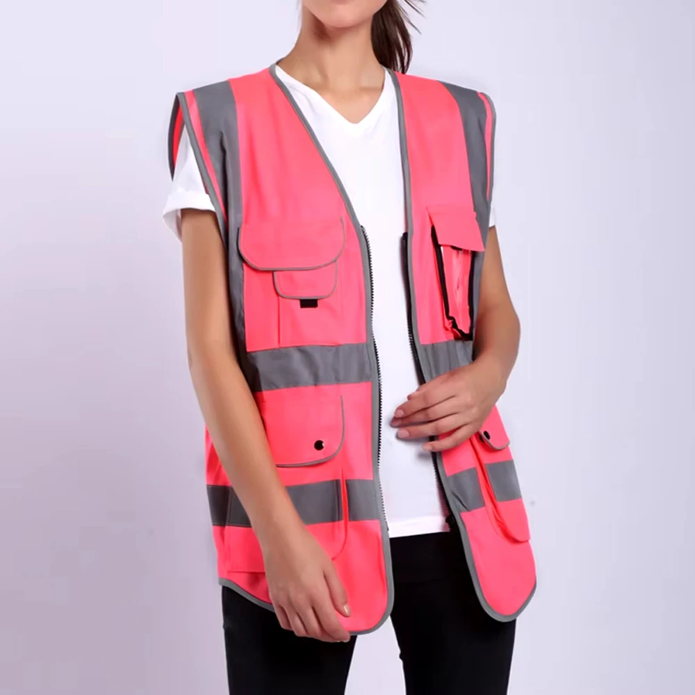 Pink Safety Vests for Women Men Working Clothes with Reflective Stripes High Visibility Safety Vest Motorcycle Night Riding