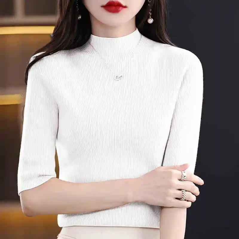 

Вязаный свитер, женские пуловеры, новый белый вязаный свитер с коротким рукавом и воротником-стойкой, пуловер, женские топы, свитера, женская одежда Q1226