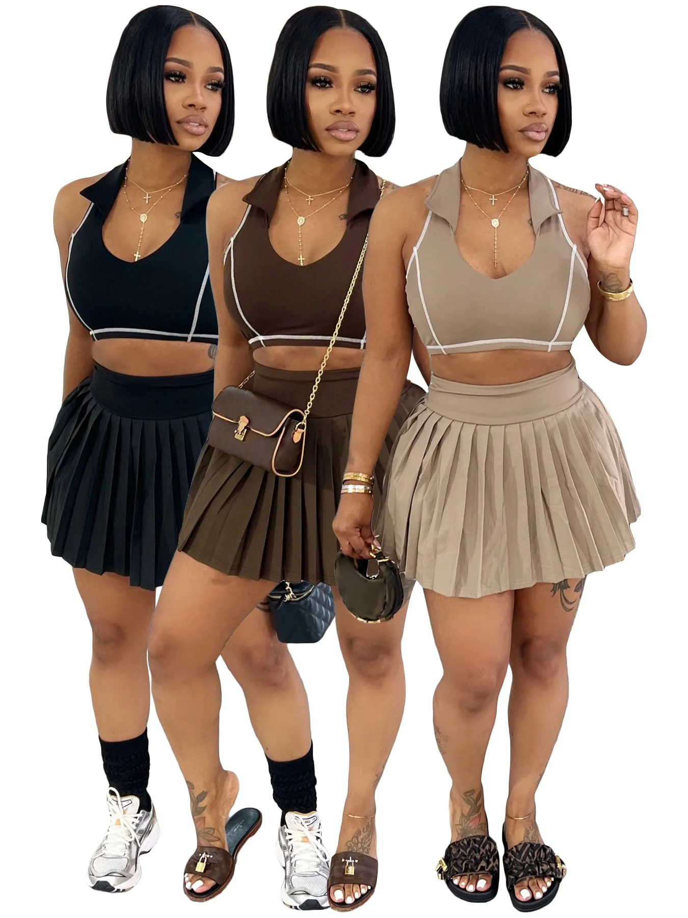 

HR26025 Casual Line Patchwork 2 Piece Set Woman Trend Halter Sleeveless Crop Tank Tops And Mini Pleated Skirts Street Tracksuit