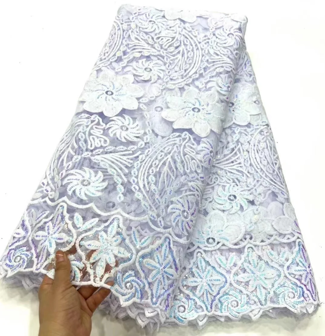 Branco novo design tecido de renda de lantejoulas luxo malha rendas bordado francês nigeriano tule tecido de renda para vestidos de festa de casamento