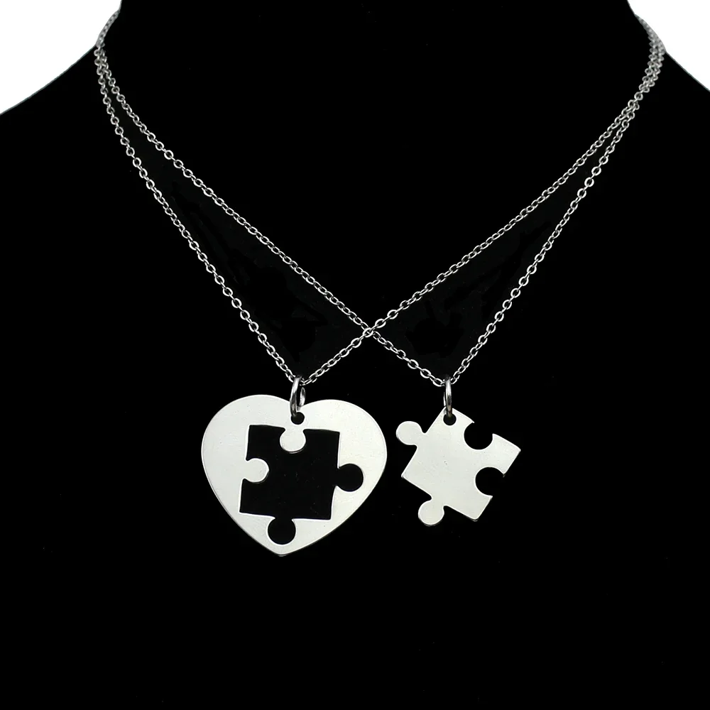 2PCS/Set Stainless Steel Puzzle Heart Shape Couple Necklace Hip Hop Punk Love Stitching Collar for Women Friendship Jewelry