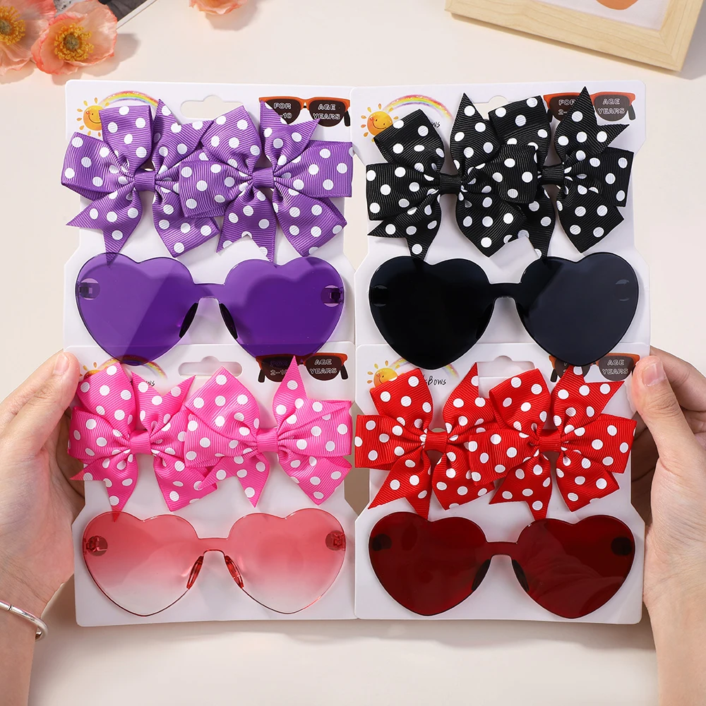 1Set Children Headwear Glasses Solid Bowknot Head Bands Girls Lace Barrette Retro Soft headbands Sunglasses Kids HairBand Sets