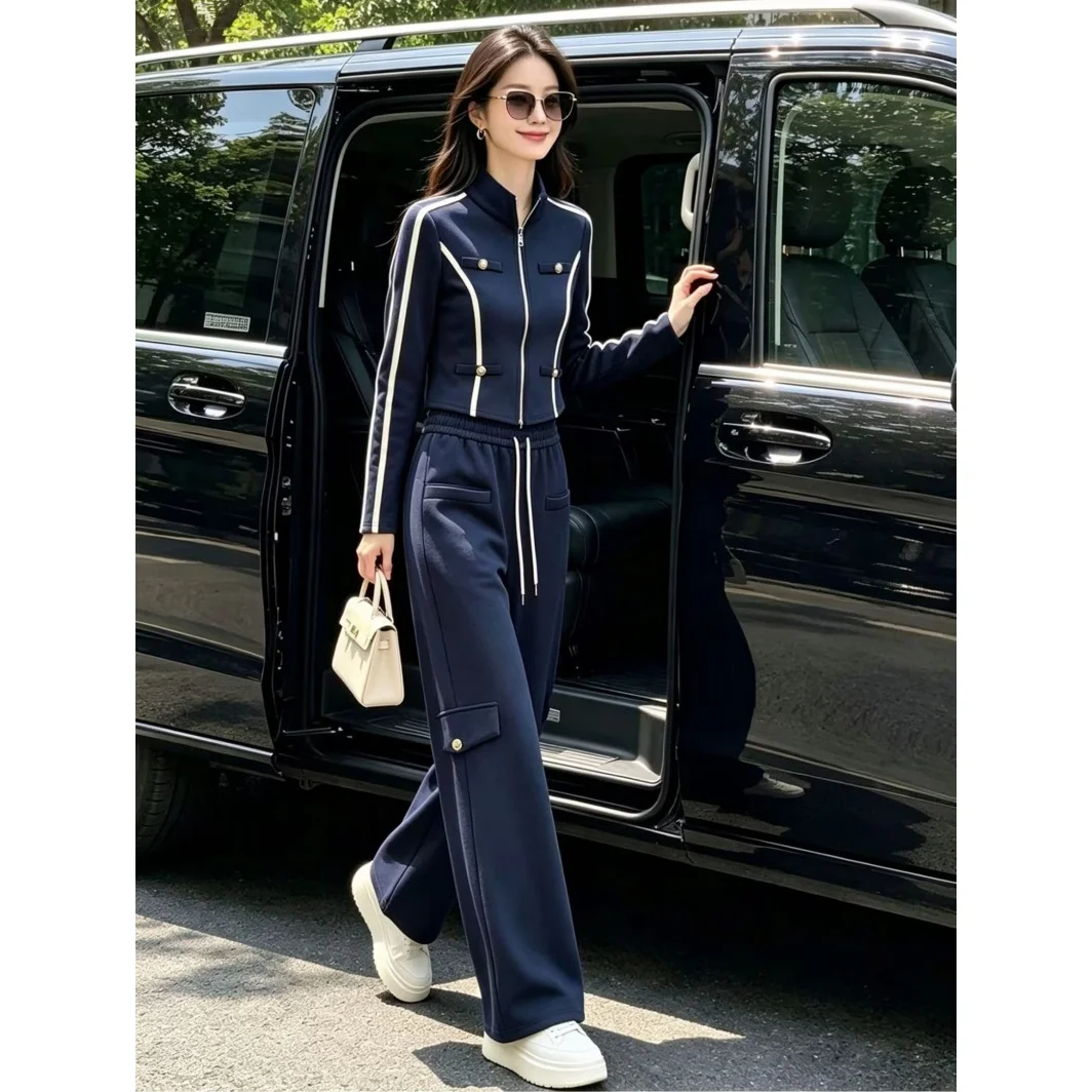 Women's Sportswear Set Slim Fit Collared Jacket Wide Leg Pants Cotton Simulation Two-Piece Spring Autumn Casual Outfit