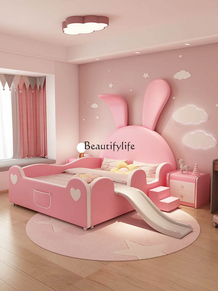

Princess bed 1.5 meters solid wood single pink big-eared rabbit cartoon with slide guardrail leather bed