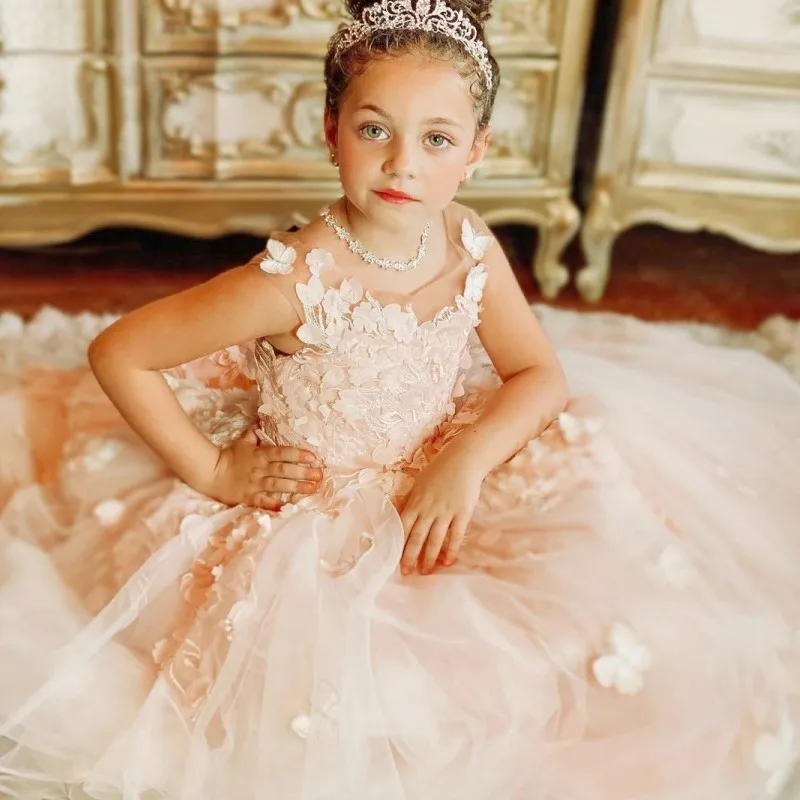 Pink Flower Girl Dresses Floral Tulle Luxury With 3D Butterfly Sleeveless For Wedding Birthday Party Princess Gowns