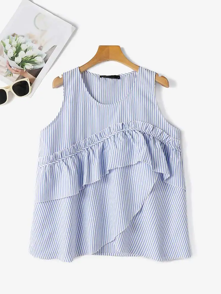 2024 ZANZEA Women Sleeveless Tanks Tops Summer Stripe Blouse Casual Loose Work Party Blusas Fashion Asymmetrical Hem Beach Shirt