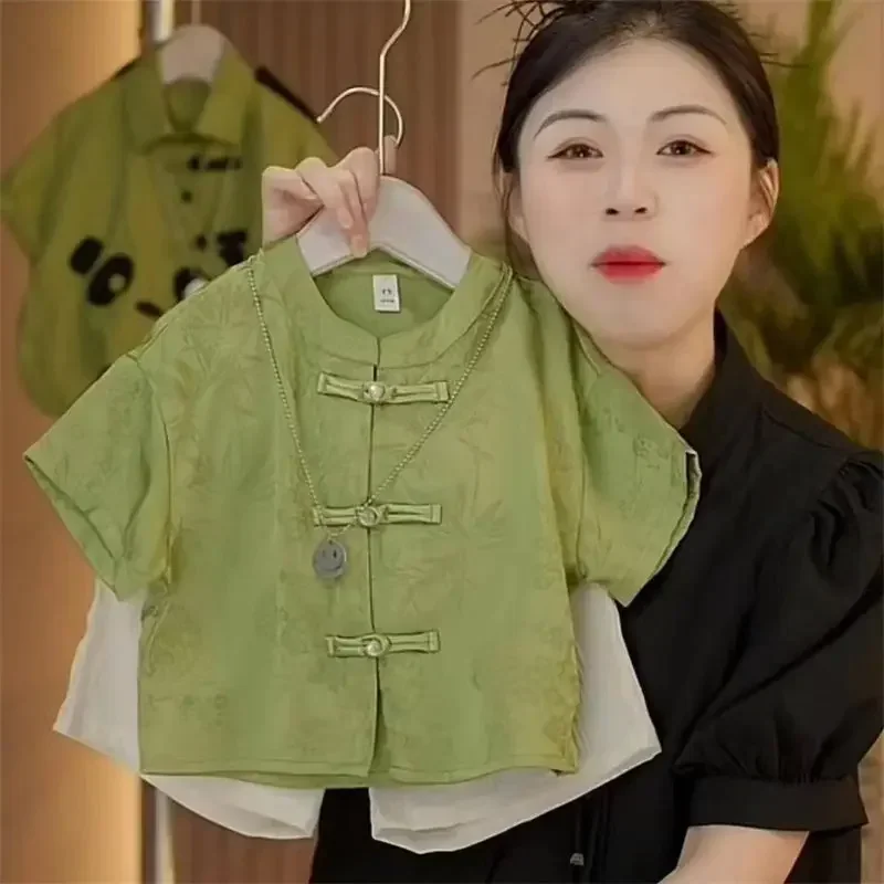 

Fashion Satin Green Jacquard Short Sleeved Blouse Shorts Tang Suit Boys Children 2023 Summer Casual Birthday Clothing Kung Fu