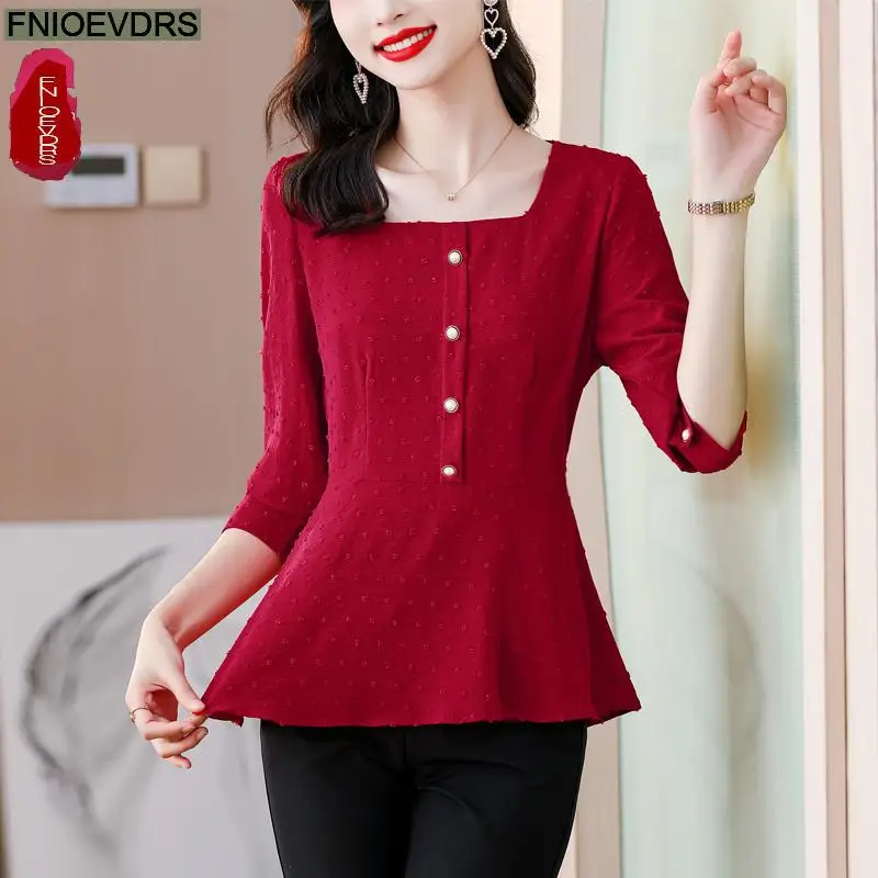 S-3XL 2023 Women Autumn Basic Wear Elegant Office Lady Work Button Shirt Casual Red Retro Vintage Peplum Tops And Blouses