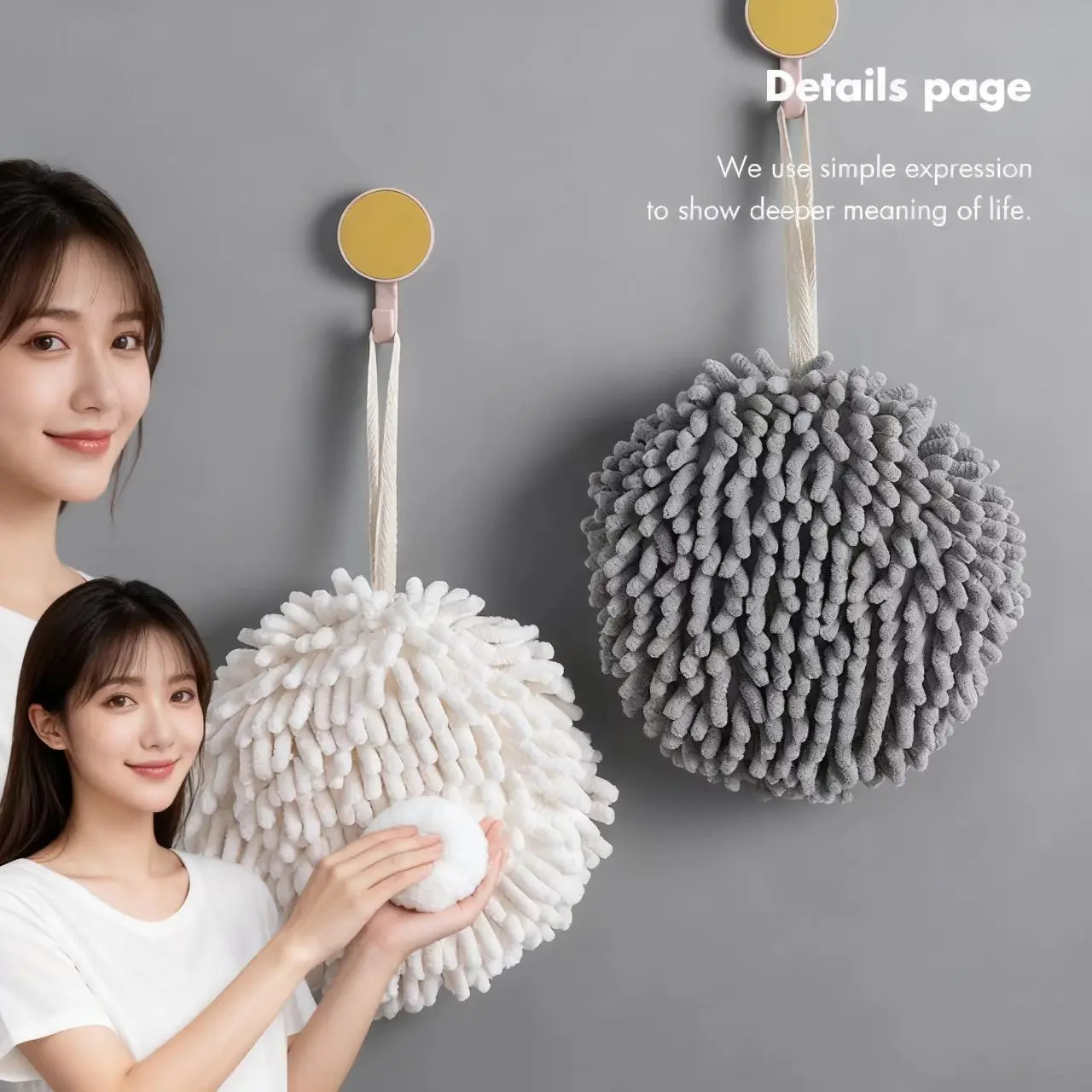 

2Pcs Hanging Chenille Hand Wipes Kitchen Bathroom Hand Towel Ball with Hanging Loops Quick Dry Soft Absorbent Microfiber Towels