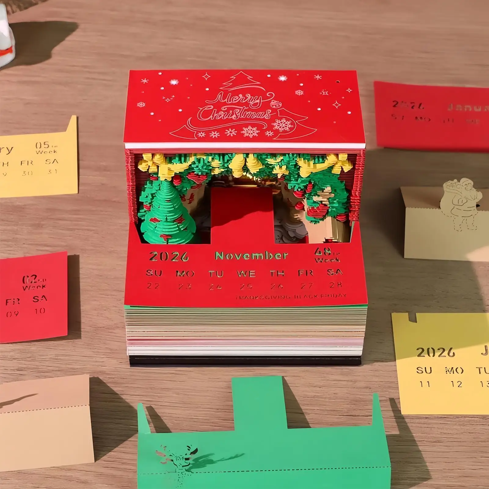 Calendario 3D 2026 2026 Arco di Natale Blocco note Calendario da tavolo Decorazioni per la casa Blocco note con luci a LED per la casa Dormitorio Appartamento Camera da letto